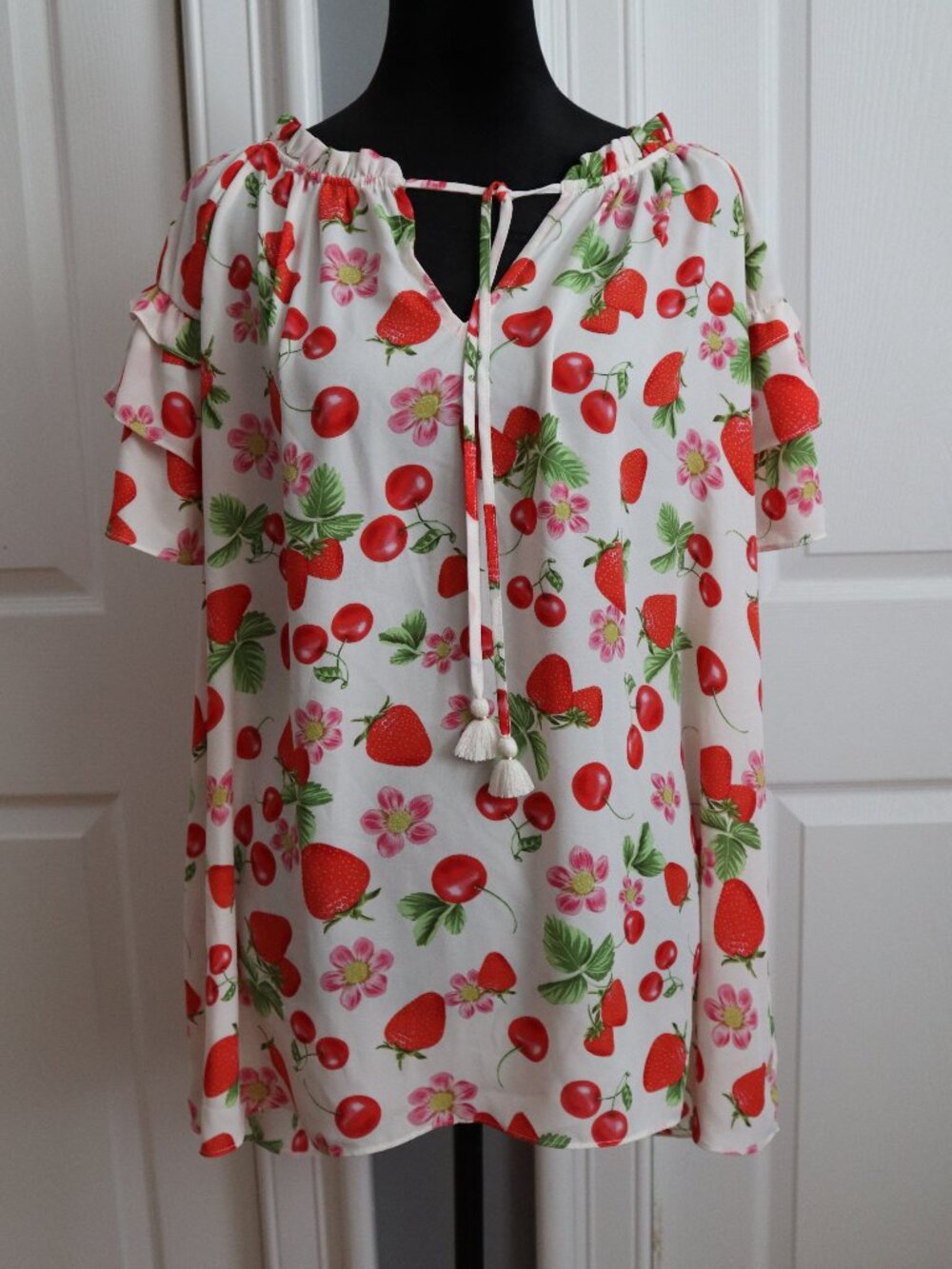 Rose + Olive Semi Sheer Tunic Blouse Top Strawberry Cherry Print Tassels Sz 3x